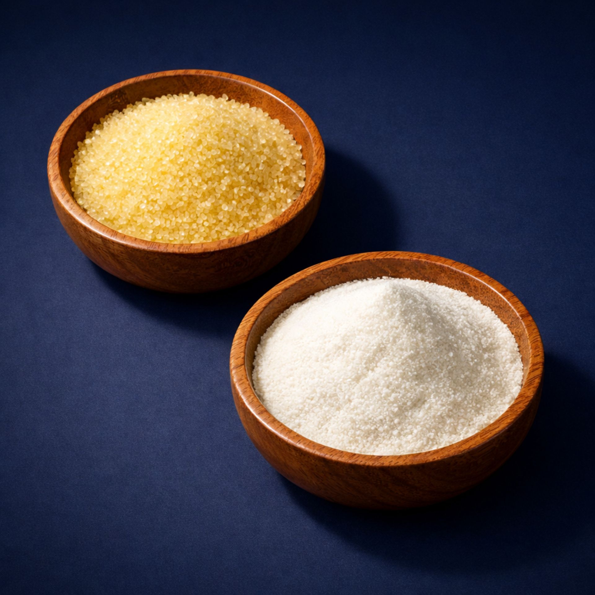 Two wooden bowls containing yellow gelatin granules and white collagen powder on a dark blue background.