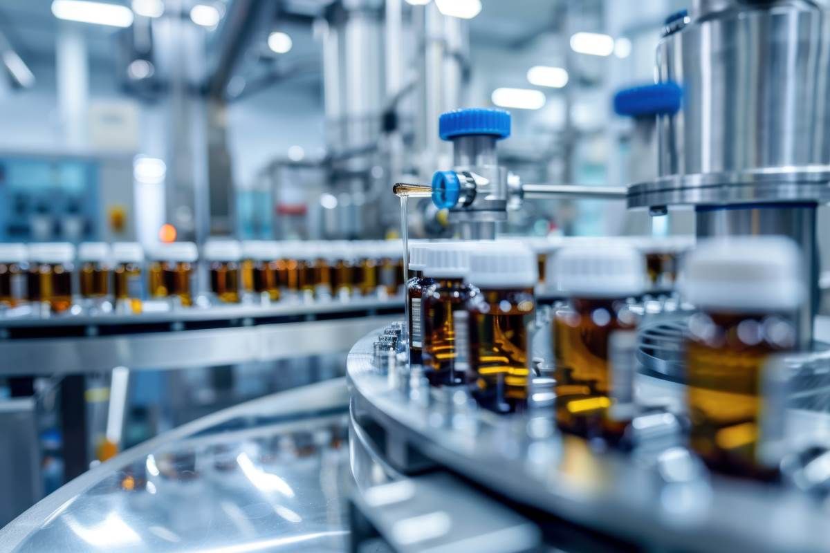 Rows of pharmaceutical bottles and containers on a production line.